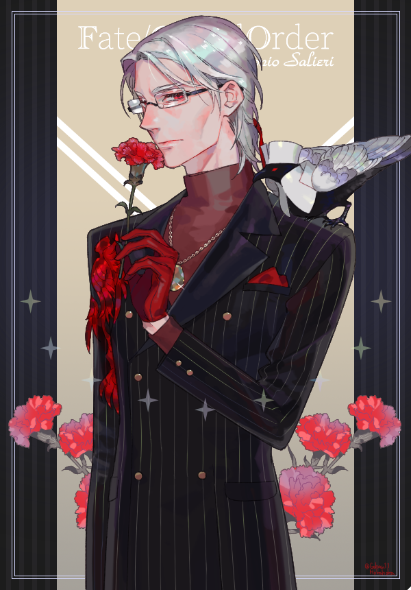 1boy male focus gloves flower jewelry glasses red eyes  illustration images