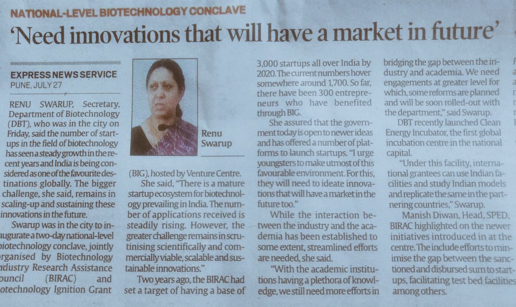 BIRAC_2012's tweet photo. Govt of India @DBTIndia @BIRAC_2012 is open to newer ideas & these innovations should have a market in future said @RenuSwarup Secretary DBT at #BIGConclave @venture_center held on 27-28th July in Pune @DBTIndia @drharshvardhan https://t.co/uR2qLNwJmb