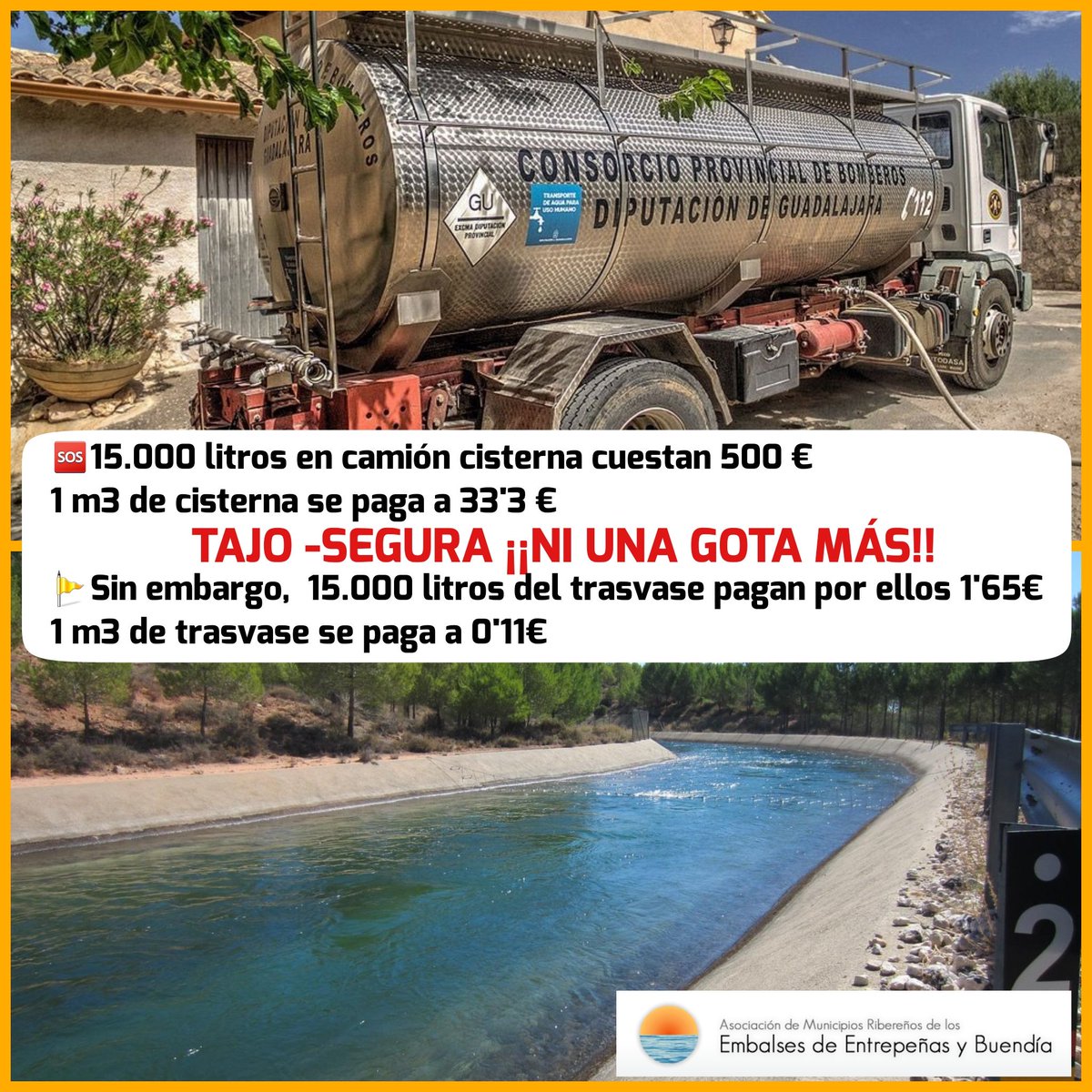 Los regantes del trasvase siempre dicen que pagan el agua muy cara y es mentira. Se la estamos subvencionando todos los españoles desde 1979
La misma cantidad de agua que a nosotros nos cuesta 500€ por cisterna a ellos les cuesta 1 euro con 65 céntimos
#TajoSegura #NiUnaGotaMás