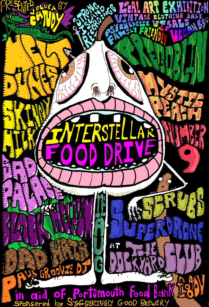 2 weeks today we do this for @POMPEYFOODBANK. Bands &amp; DJs all day from 1pm, art exhibition, psychedelic projections, vegan BBQ, cheep booze + more. £8 OTD &amp; kids go free but PLEASE bring ear protection if you do bring children.