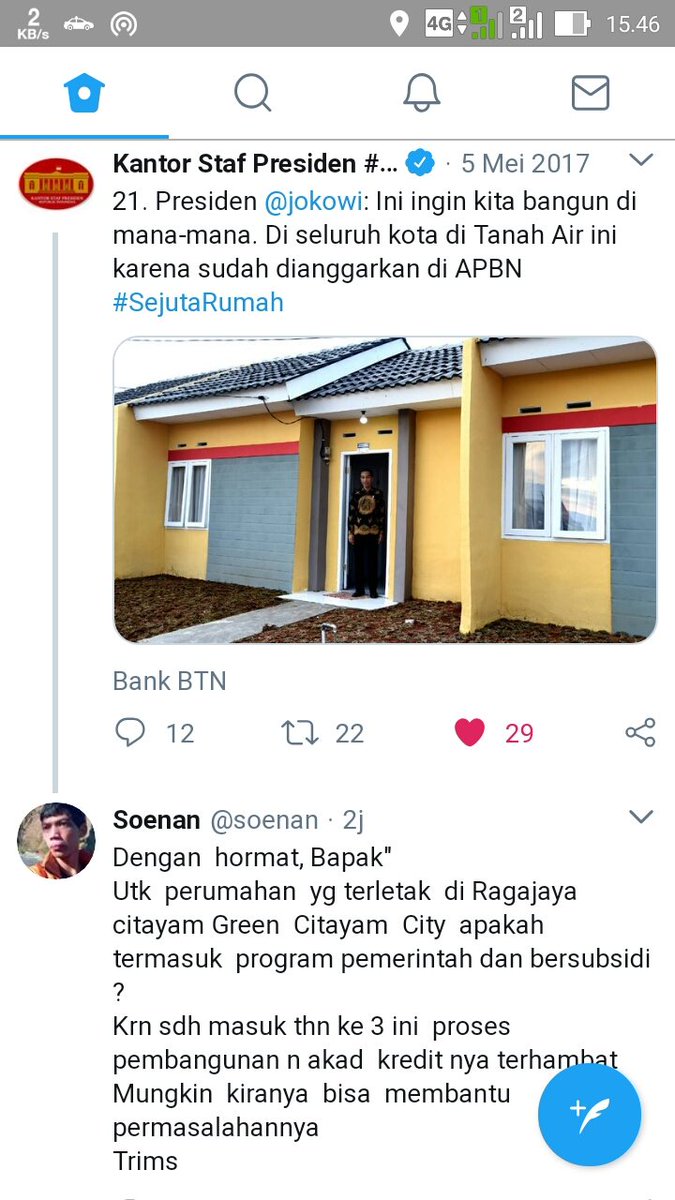 soenan's tweet photo. @DitjenPbp_PUPR Dh, Melanjuti pnyampaian kpd Bapak @jokowi @KSPgoid @BankBTNcoid @KemenPU ssi dgn program @SejutaRumah 
Sdh th ke3 ini prumahan Green Citayam  City di Ragajaya terhambat proses pmbangunan n akad kreditnya, utk itu kami mohon dgn sngt bantuan  pnyelesaiannya dr pemerintah, trims https://t.co/GkYUMa6AHc