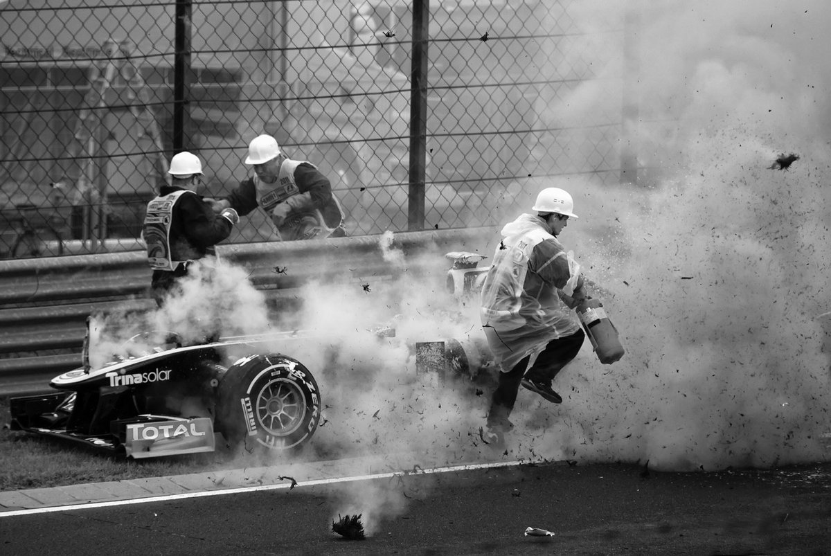 From the 2011 Hungarian GP, Nick Heidfield’s car expires...#photography #blackandwhitephotography #F1 #HungarianGP