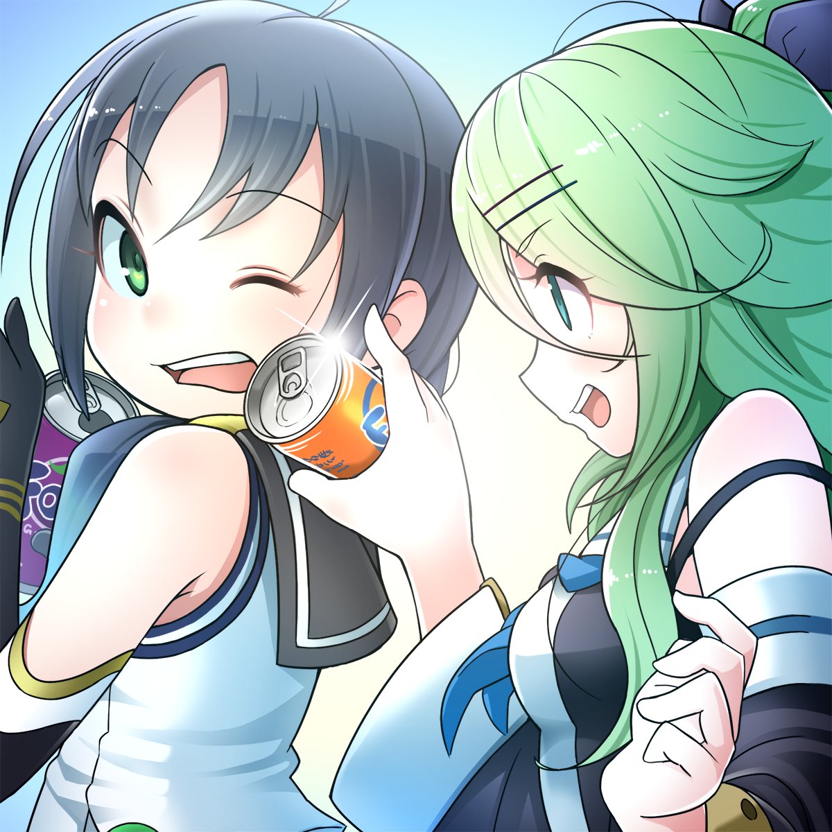 suzukaze (kancolle) ,yamakaze (kancolle) multiple girls 2girls green eyes can one eye closed long hair green hair  illustration images