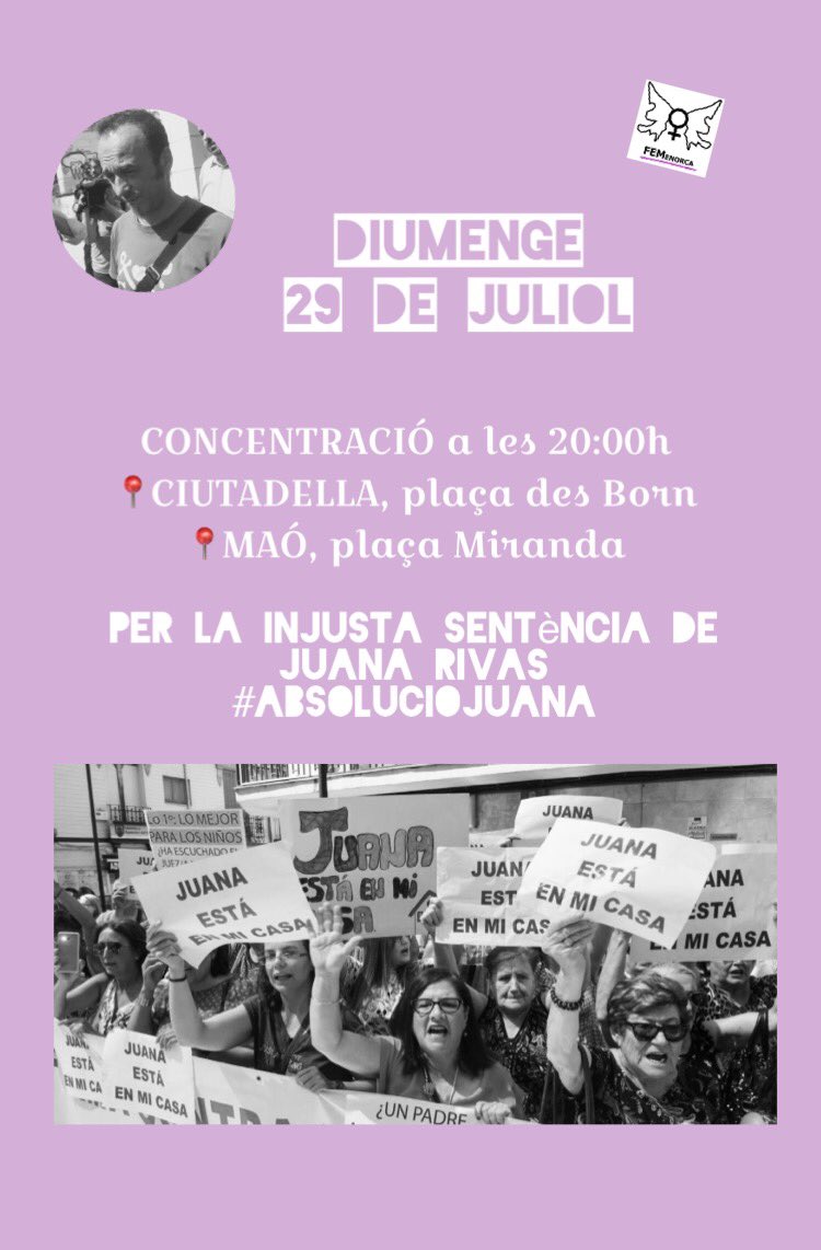 FEMenorca's tweet photo. Concentració a Menorca contra la justícia patriarcal i en recolzament a Juana Rivas❗️❗️❗️                    

📆DEMÀ, DIUMENGE 29
⏰20.00h 
📍CIUTADELLA I MAÓ https://t.co/fHdWc4qu8D