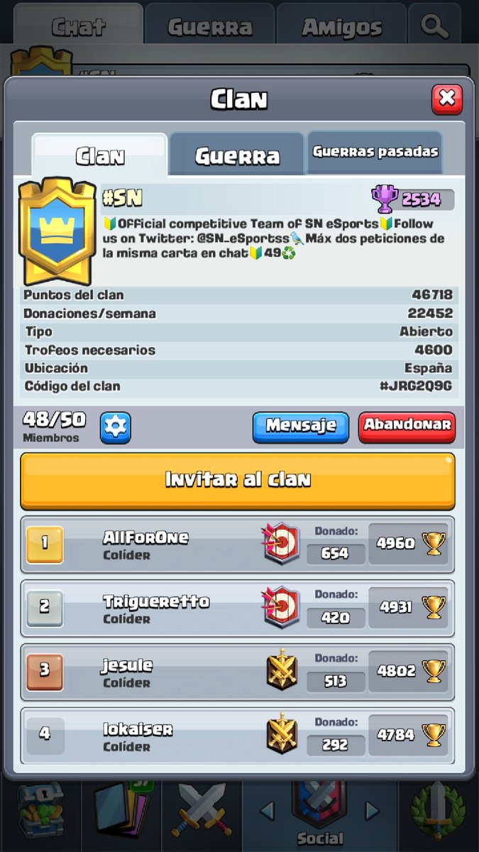 SN_eSportss's tweet photo. Nuestros chicos están atope en guerra de clanes😈 
✔️ESTO ES UN NO PARAR ✔️
🔰Interesados en unirse a nuestro equipo competitivo o a nuestro clan de ladder MD🔰

#GoSNeS https://t.co/oTIpfbzxcU