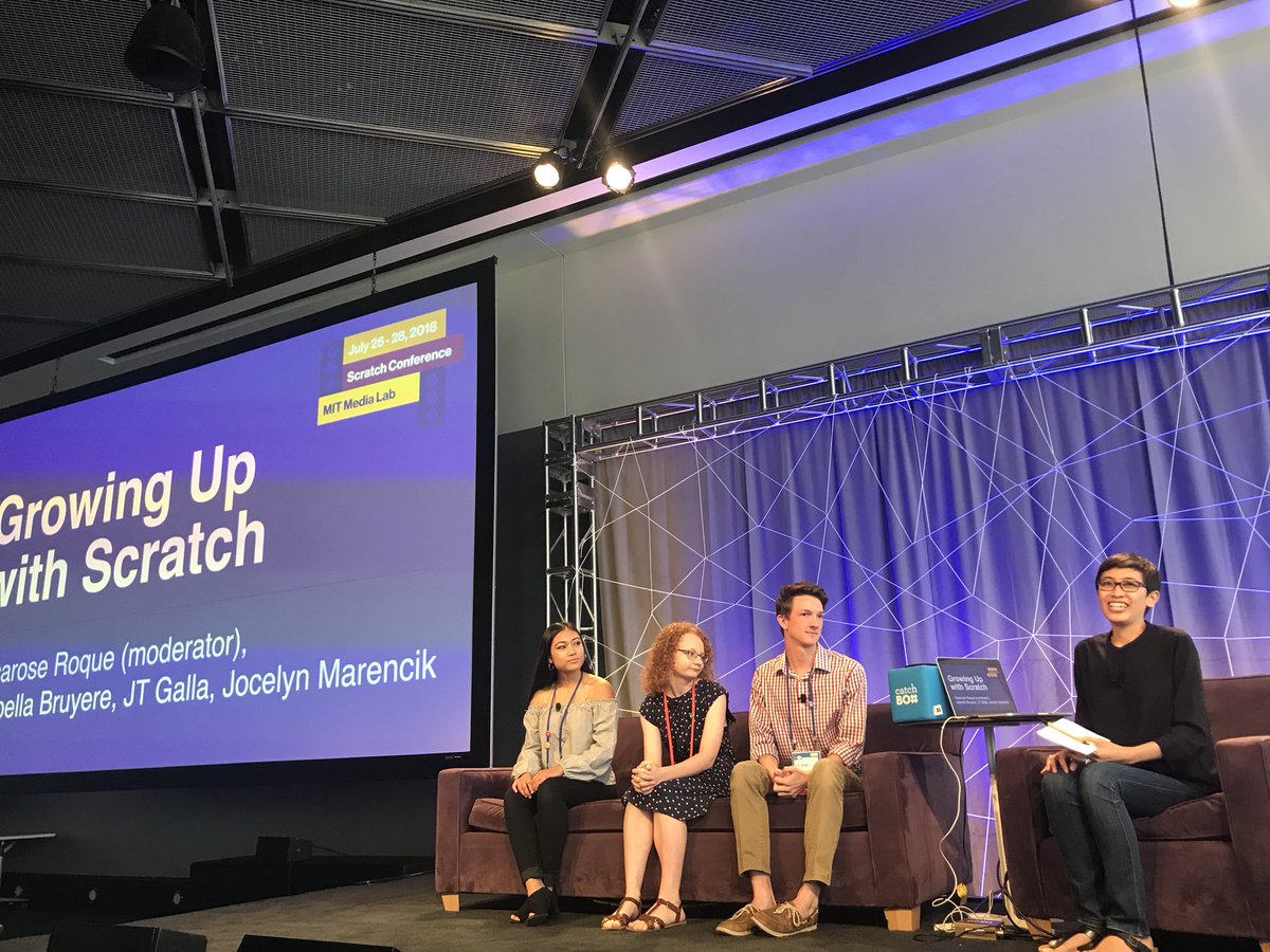 scratch's tweet image. This morning @ricarose moderates a panel with longtime members of the Scratch community, Isabella B., JT G., and Jocelyn M. #scratchMIT2018