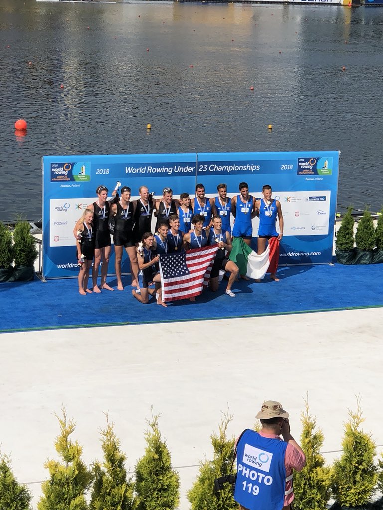 GoNUmrowing's tweet photo. Peter Arata ‘19 and the USA 4+ are U23 World Champions! #HowlinHuskies #America @GoNUathletics https://t.co/GrRK8rZ4qL