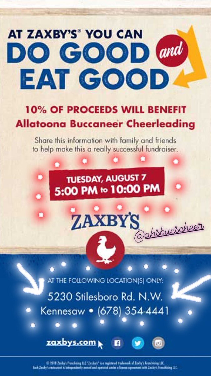 AHSBucsCheer's tweet photo. Do Good and Eat Good!

🖊📅 Tuesday, Aug 7th 5p-10p

📍 @Zaxbys 5230 Stilesboro Rd

Eat 🍗 and 10% of total sales benefit @AHSBucsCheer! https://t.co/C0esgrpAEg