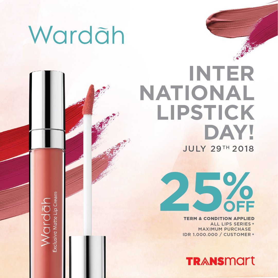 Transmart_IND's tweet photo. HEMAT 25% @wardahbeauty & @makeoverid di Hari Lipstik Sedunia! Jangan lewatkan tanggalnya, hanya di 29 Juli 2018 di Transmart Carrefour. Lihat promo lainnya di https://t.co/bt6LfCsz6y
#PromoDeptStore #TransmartDeptStore #SabtuSerbaSeru #InternationalLipstickDay https://t.co/PPtl65bp4d