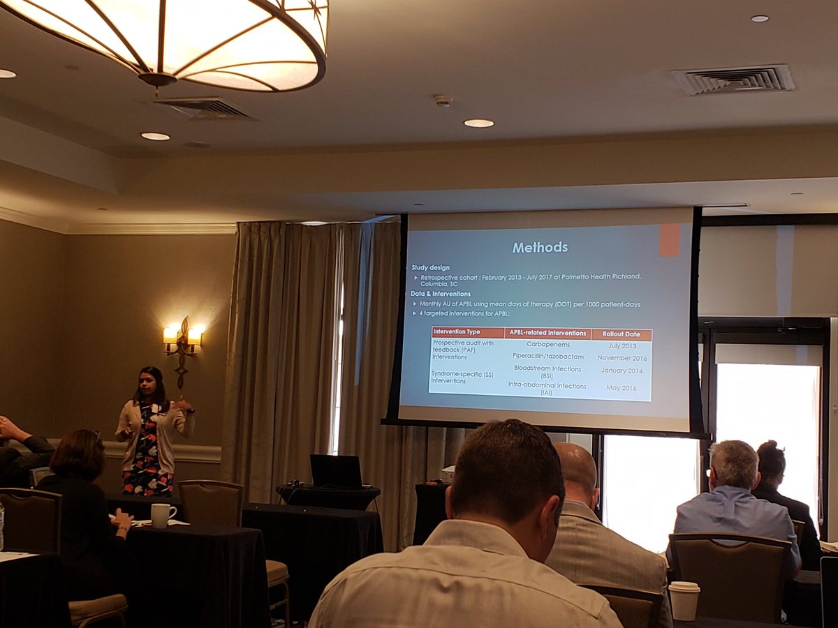 BBookstaver_USC's tweet photo. . @krutu8 discussing comparative changes in AU between syndrome specific vs drug specific stewardship interventions. ASMMicrobe encore. #SCIDS18 https://t.co/pgQh24hZro