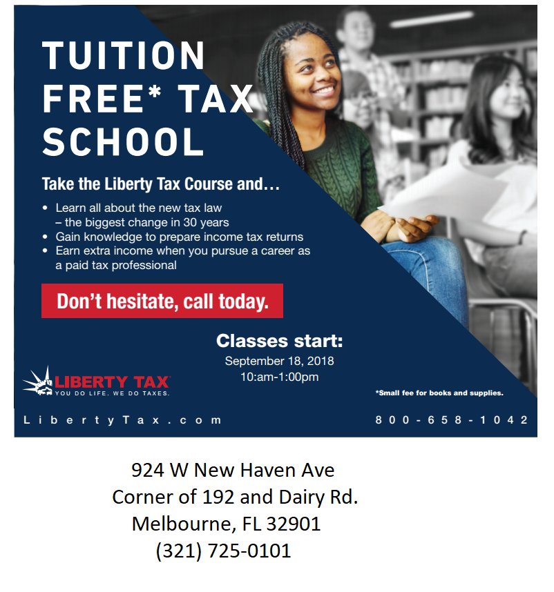 newhaven924's tweet photo. Tuition Free Tax School! Join us at Liberty for F R E E Tax Classes Starting September 18th.  Call for Details today ! (321) 725-0101 #Liberty #Taxes #TuitionFree #TaxPro #Florida https://t.co/HRID49voVG
