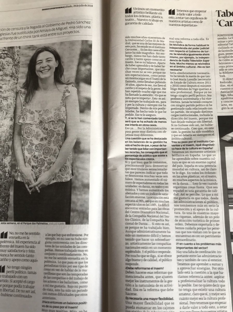 Entrevista a #MontserratIglesias Ex-Directora General del @INAEM_Cultura en #DiariodePontevedra “España es una potencia mundial en cultura”