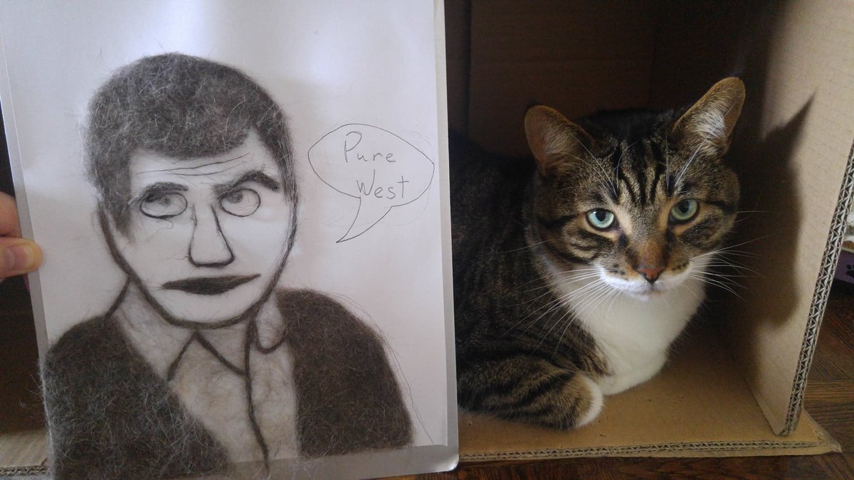 hannah_bean5's tweet photo. A photo of @therealadamwest made from cat hair. Pictured here with the real-life fur contributor Cain! #GISH2018 #scavengerhunt https://t.co/XWGFqVfsPe
