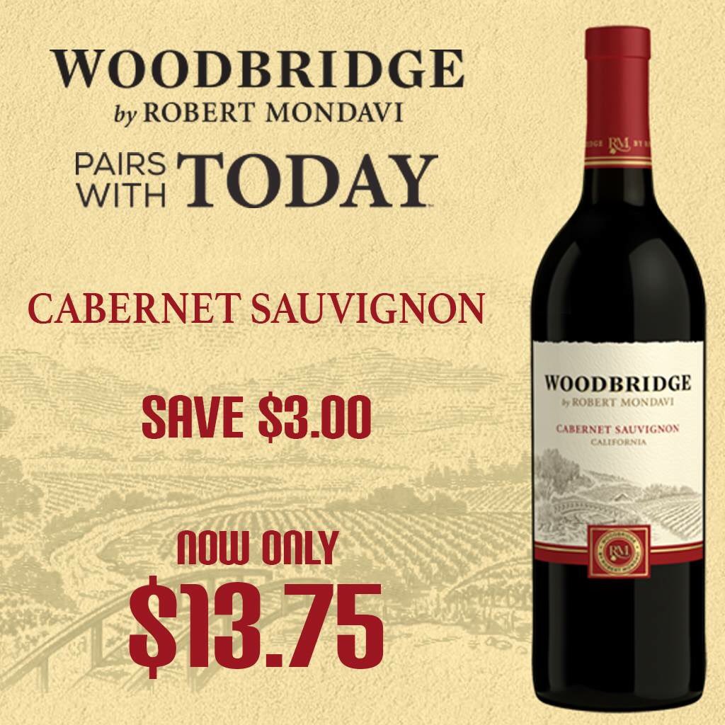 8thStreetLRS's tweet photo. Woodbridge Cabernet Sauvignon.
Pairs deliciously with grilled meats and tomato-based pasta dishes. Save $3 when you buy a 750ml bottle for only $13.75

#WoodbridgeWines #CabSauv #RedWine #BigSavings https://t.co/3CkciSjoYR