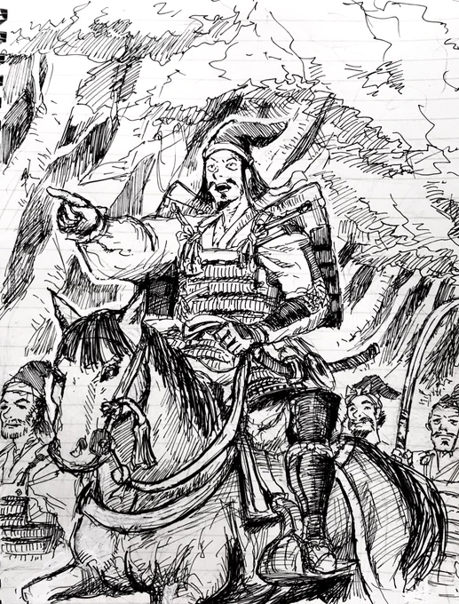 充実の武装の北朝の武士達が緑の濃い山麓の道を進む落書き
(死亡フラグ) 
