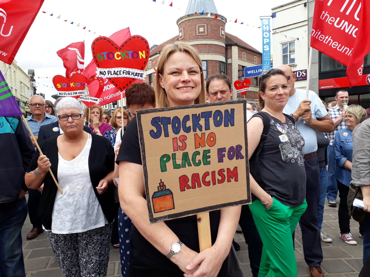 Labour comrades @lucylou1958, @sarah_batty and @JoBooth10 supporting today's #NoPlaceForHate action in Stockton town centre. @UniteintheNEYH @UnitePolitics @labourwomen @StocktonSthLab #antiracism #antifascism #No2Islamophobia