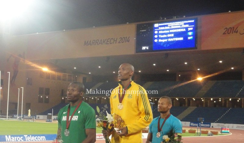 MakingOfChamps's tweet photo. The look on Tosin Oke's face (probably had revenge on his mind) after he was beaten to GOLD by South Africa's Khotso Mokoena in the men's Triple Jump. Watch out for our interview with Tosin Oke, two years later in Durban after he reclaimed GOLD #AfricanChamps #Marrakech2014Recap https://t.co/smn3qBuUaO