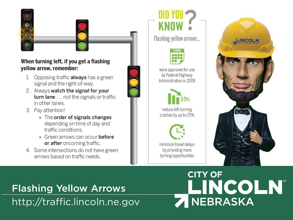 CityOfLincoln's tweet photo. #LNK eye spy with my little eye a flashing yellow arrow which means use caution after yielding to oncoming traffic #AbeLNK @TrafficLincoln : https://t.co/HhPAIvIH2U https://t.co/oNixiVNhF8
