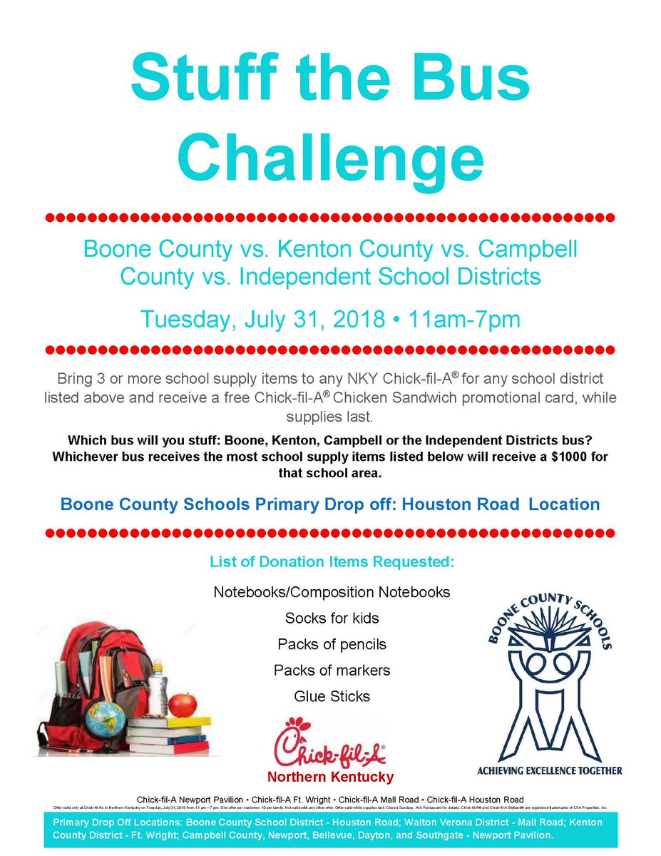Boone_County's tweet image. We need your help! Bring 3 or more items to any NKY @ChickfilA on July 31st &amp;amp; get a free sandwich! Composition/Notebooks, kid  socks, packs of pencils or markers &amp;amp; glue sticks are needed most. @BallyshannonMS @CampErnstBlazer @CMColts @OMSHawks1 @Gray_Middle @JonesJetsPride