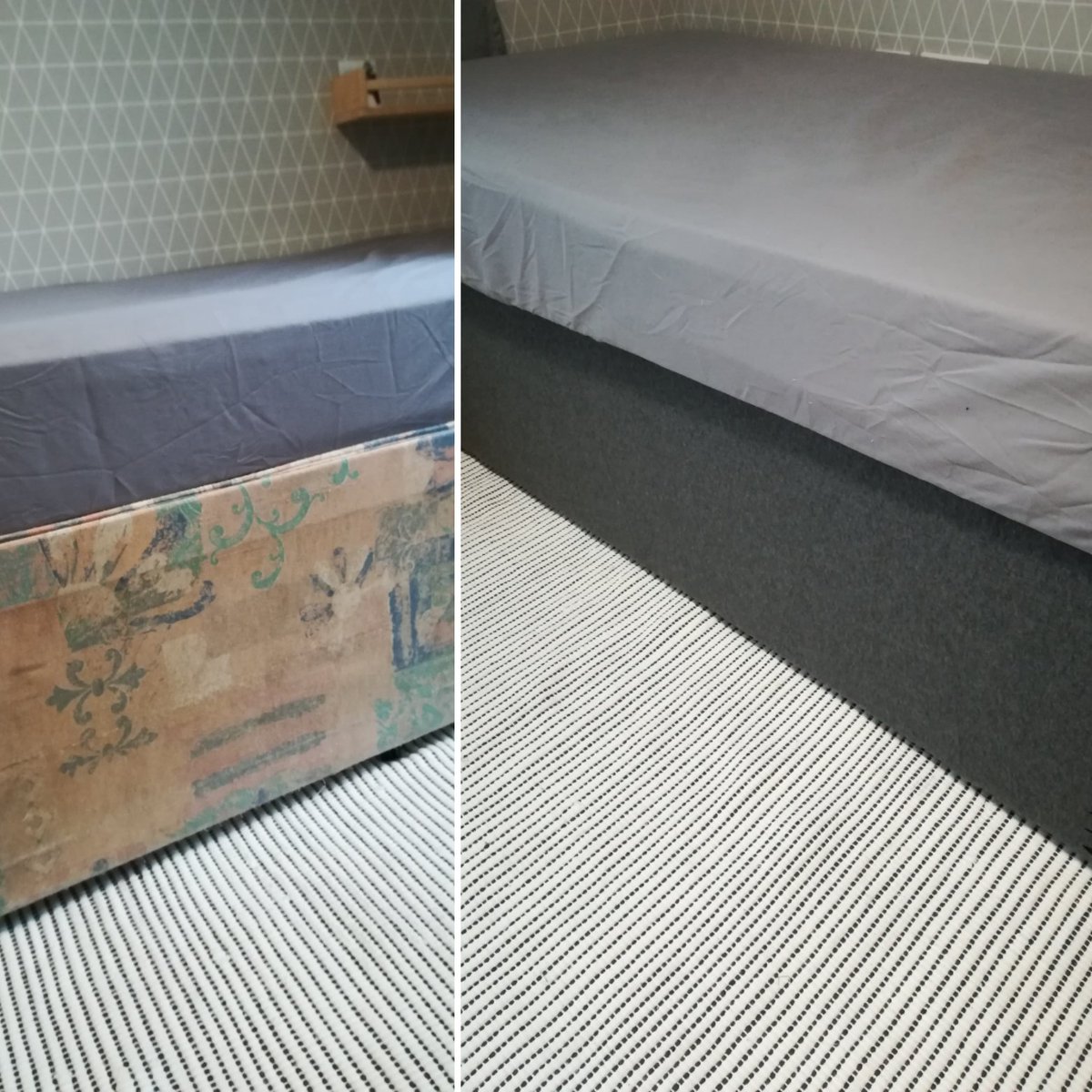 auntiedotes's tweet photo. Afternoon well spent transforming gawd-awful bed frames with @IKEAUK polarvide throw. #staplegun #diy #upcycle #restyle https://t.co/BVQyphmuD0