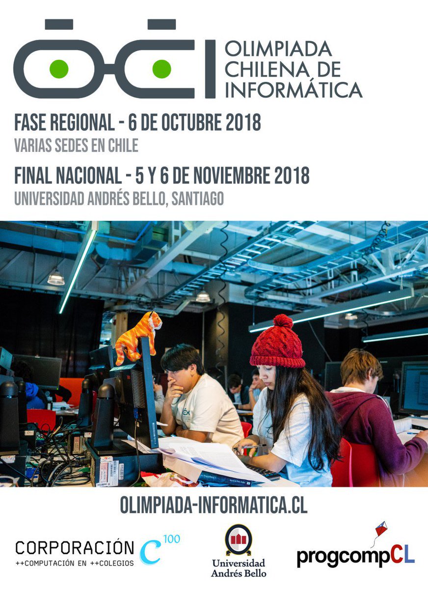 progcompCL's tweet photo. Olimpiada Chilena de Informática #OCI2018

Fase regional: 6 de octubre
Final nacional: 5 y 6 de noviembre (Universidad Andrés Bello @uandresbello) 

https://t.co/hKP7B7J9Ut https://t.co/IVei4Bio2a
