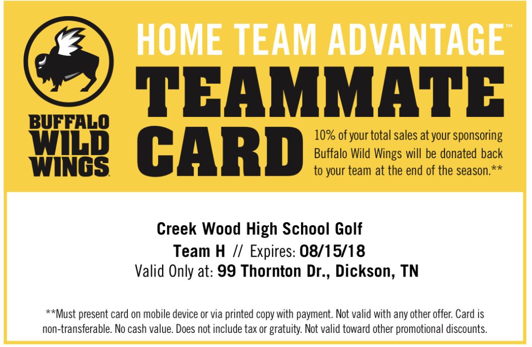 CWHS_GOLF's tweet image. While you’re out shopping on Tax Free Weekend, go eat at BWW in Dickson, TN! Show your waiter this card and say you are with Creek Wood Golf ⛳️ 
By doing so, 10% of your ticket cost will be donated to our program! 

Please help spread the word! #supportlocalathletes #bww