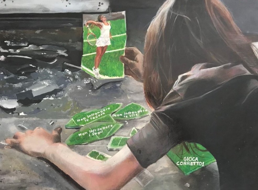FondChiesa's tweet photo. La giuria dell'11° Concorso Internazionale di Arti Grafiche ha assegnato il terzo premio a Martina Mirabello del Liceo Artistico di Latina con un olio su tela che riporta il messaggio “Non infrangere le regole, non infrangere la vita, non infrangere i sogni. Gioca corretto”. https://t.co/e7VaxgAcPd