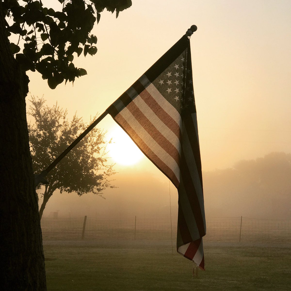 rxoprealtor's tweet photo. This morning I woke up worried and emotional about Quade leaving. As I was praying I looked up and this is what I saw; this beautiful sunrise that was shining right by the American Flag. "Be still and know that I am God".  ❤️🇺🇸💙🙏🏻. Everything is going to be alright. https://t.co/l0S5GvpFae