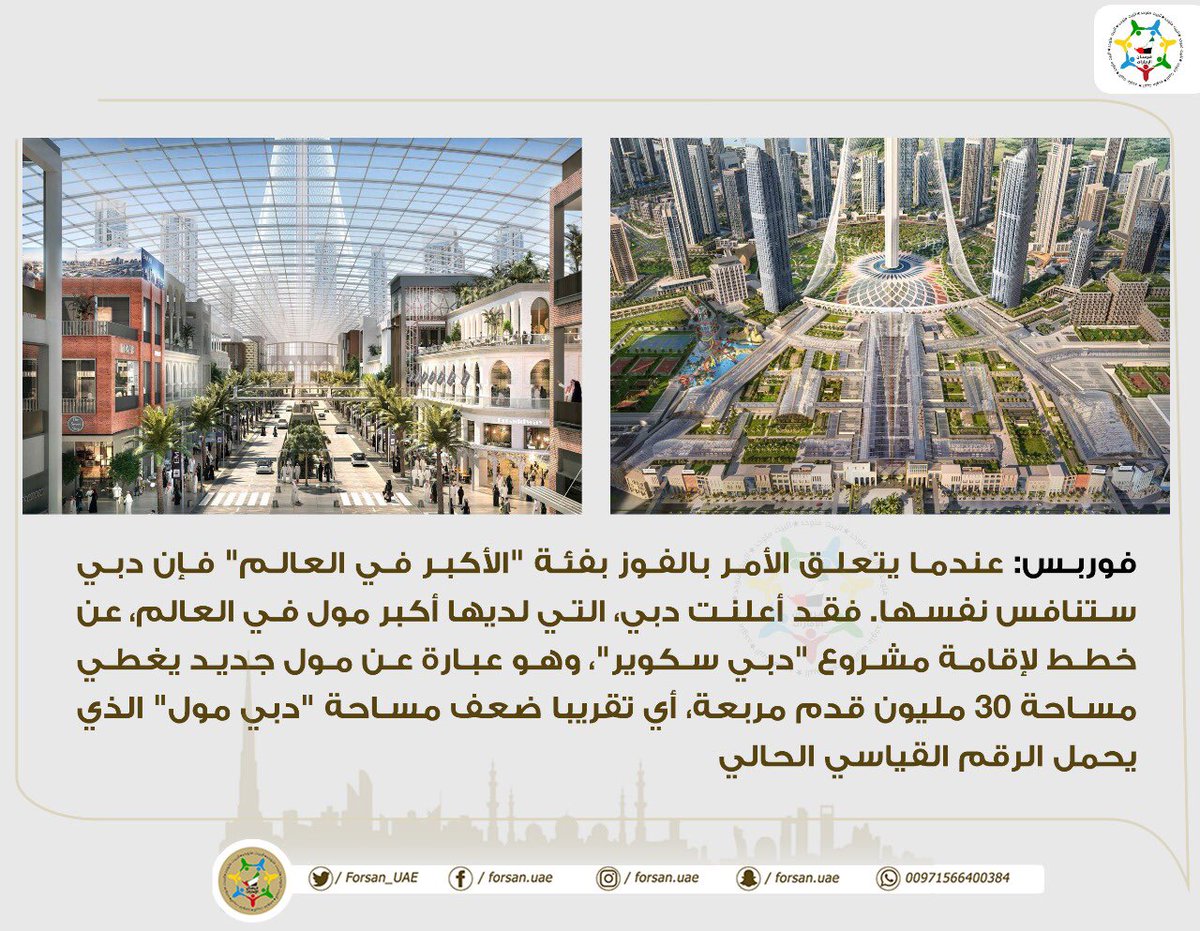 Forsan_UAE's tweet photo. #فوربس : عندما يتعلق الأمر بالفوز بفئة "الأكبر في العالم" فإن #دبي ستنافس نفسها ، فقد أعلنت دبي التي لديها أكبر مول في العالم ، عن خطط لإقامة مشروع "دبي سكوير"، وهو عبارة عن مول جديد يغطي مساحة 30 مليون قدم مربعة، أي تقريبا ضعف مساحة " #دبي_مول ".
.
#فرسان_الإمارات https://t.co/7lpvk2fIi1