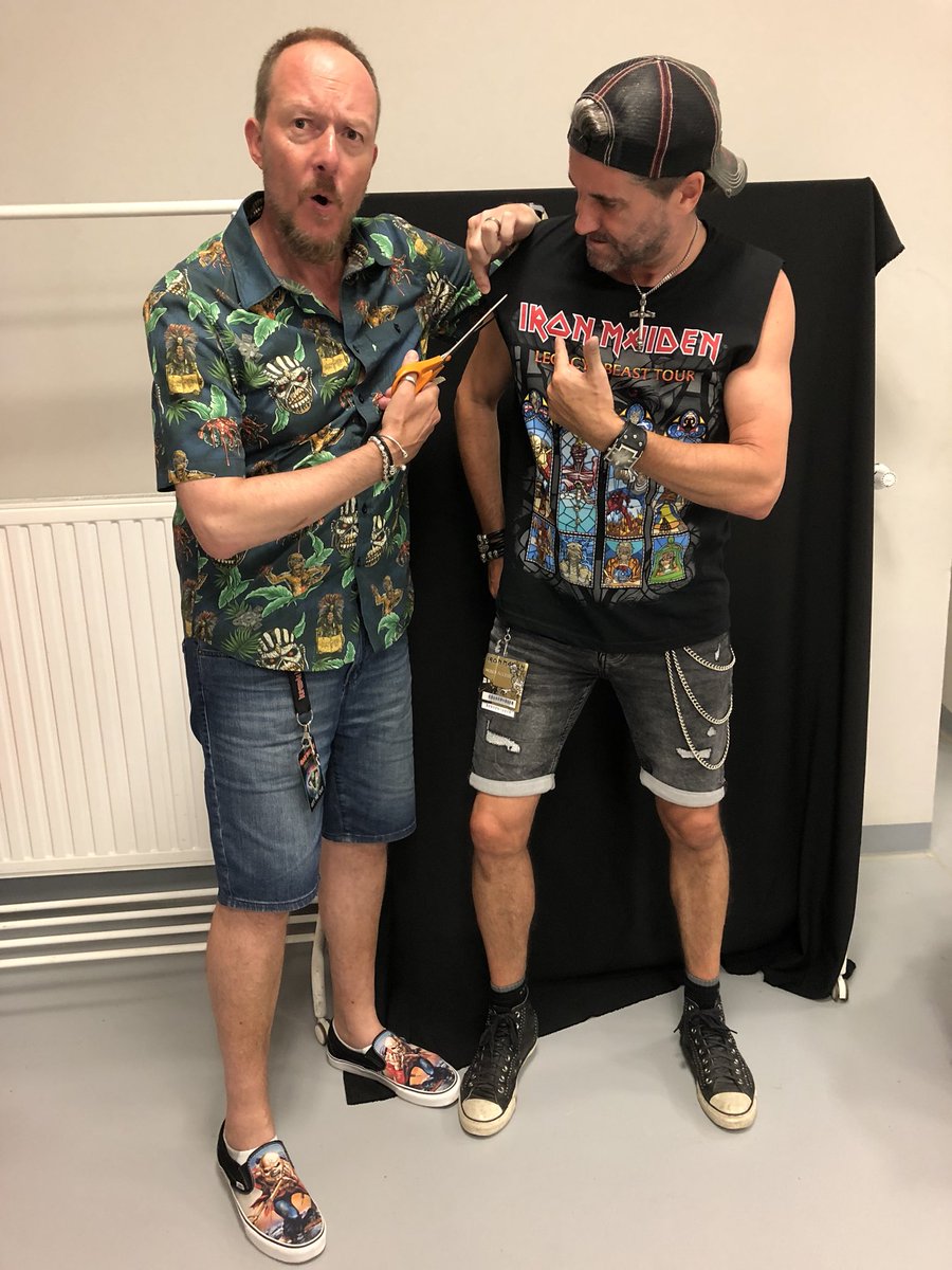 PlanetRockRadio's tweet photo. Tonight @TAURONArenaKrk Krakow, looks like @IronMaiden will have an understudy appearing with them.😉 Here I am with #WardrobeAssistant @DaveShack making adjustments to my stage gear @PaulAnthonyRock https://t.co/8P56UWO9iO