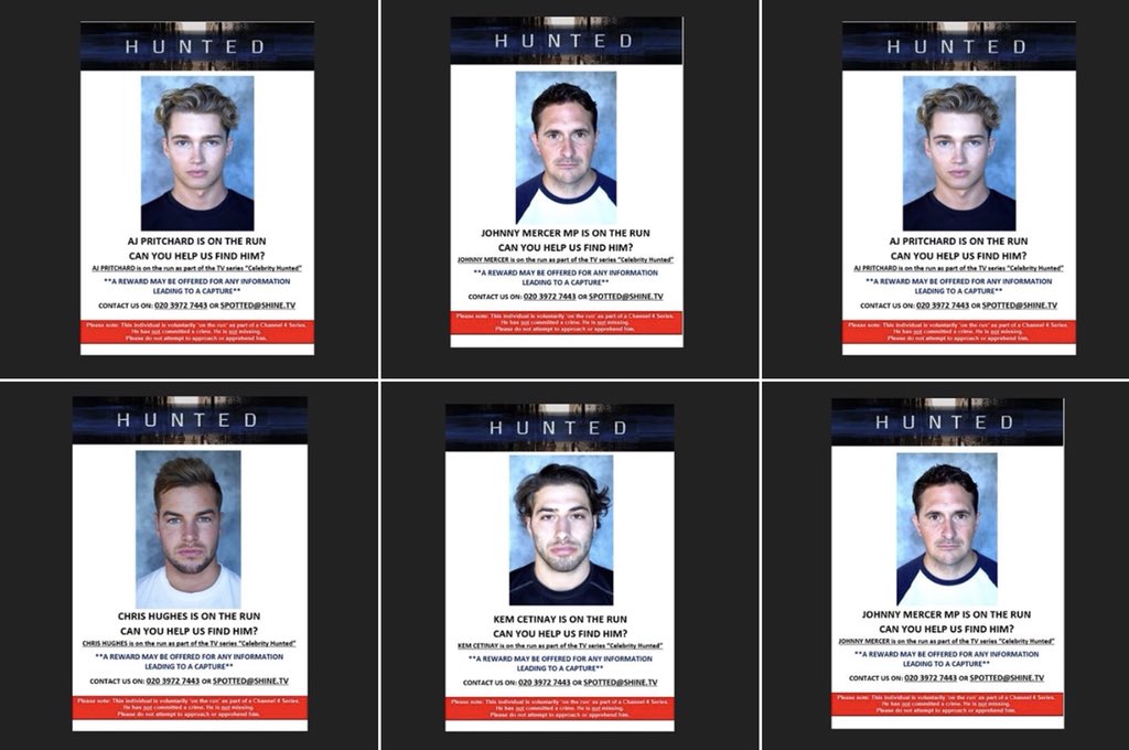 Huntedorchidpup's tweet photo. #celebrityhunted if you see any of these people please use all of your resources to keep them moving open your homes use your cars do what ever it take to keep the hunters away #Hunted https://t.co/K9AhKrpHeQ