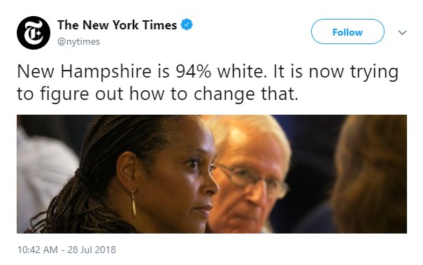 @nytimes tweet reading, "New Hampshire is 94% white. It is now trying to figure out how to change that."