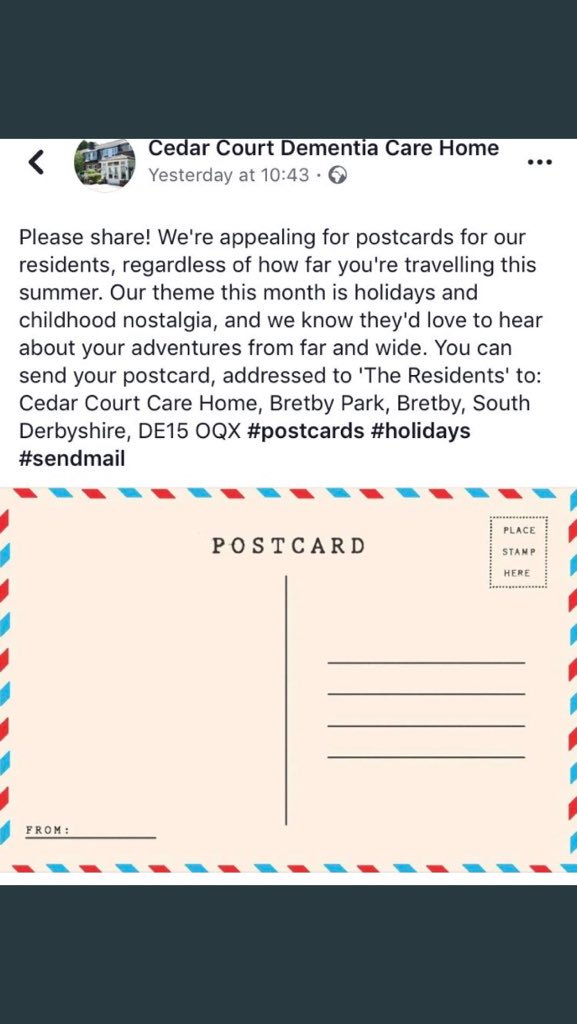 educationfoodie's tweet photo. To all @CateringAcademy team members away in holiday over the next few weeks. Please give 5 mins to send a postcard to the residents at cedar court! https://t.co/lcosnZc5jc