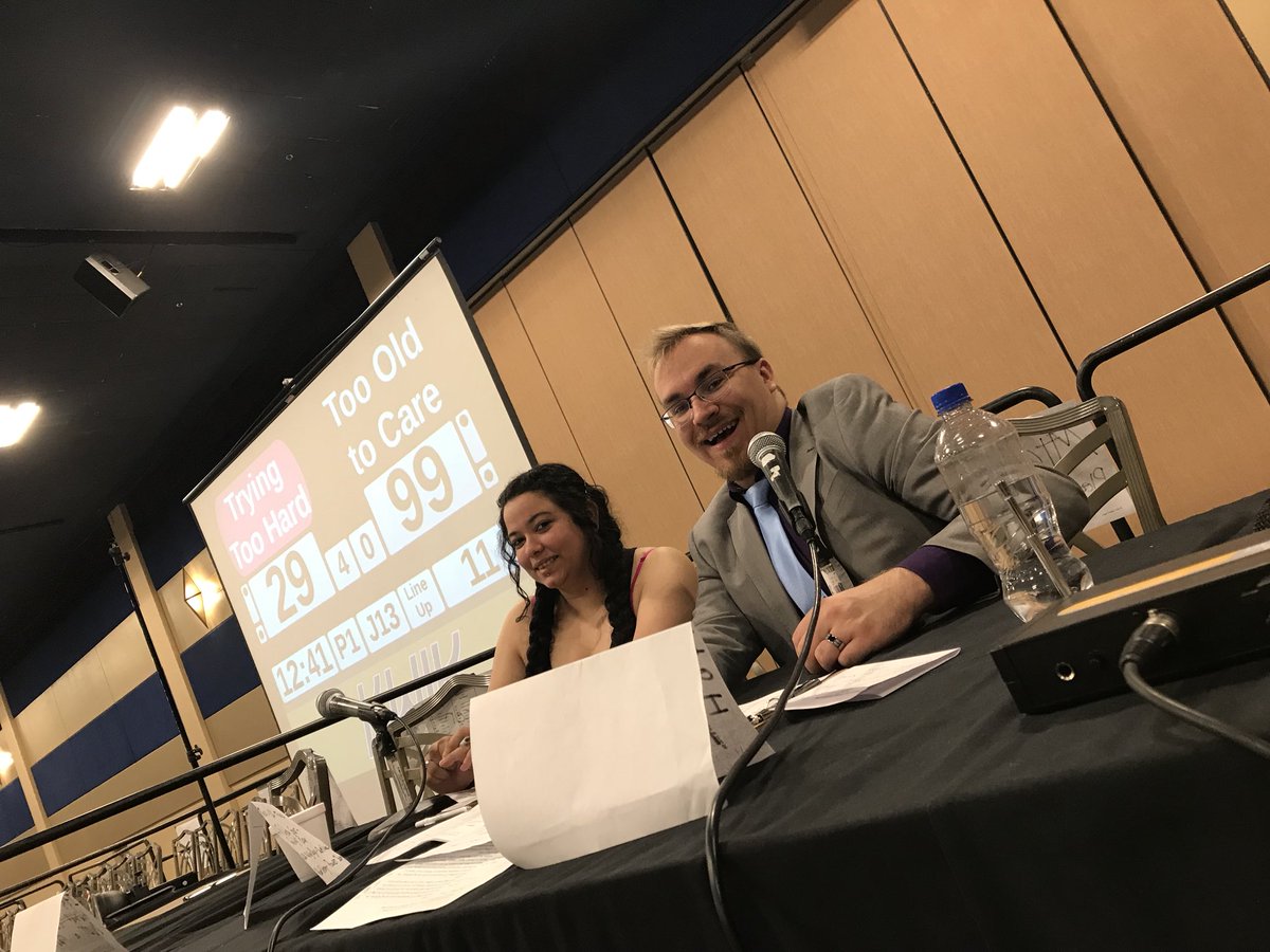 RollerconMC's tweet photo. Swifty and Schwahn showing how much they care on the mics at C1 for Trying Too Hard vs Too Old To Care at #RollerCon2018 https://t.co/1CmcMyhjJx