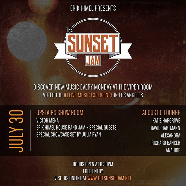 theVIPERroom's tweet photo. Monday The Sunset Jam is back! Remember its free ever, don't miss out!🤘🍻  #TheViperRoom #WEstHollywood #WeHo #LiveMusic #HollywoodMusic #LocalScene #LALocals #HollywoodLocals #Artists #Historic #Clubs #Nightlife #LANightlife #California https://t.co/ghiOj3mGYp