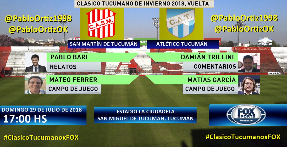 PabloOrtizOK's tweet photo. #ClasicoTucumanoxFOX | #SanMartínTuc (@CASMOficial) vs. #AtléticoTucumán (@ATOficial)
Relata: @pablobari | Comenta: @dtrillini
Campo de Juego: @mateoferrer90 y @chiquitogarcia
#Torneos | #ClasicoTucumano
Dale RT https://t.co/IMdN8SddKj