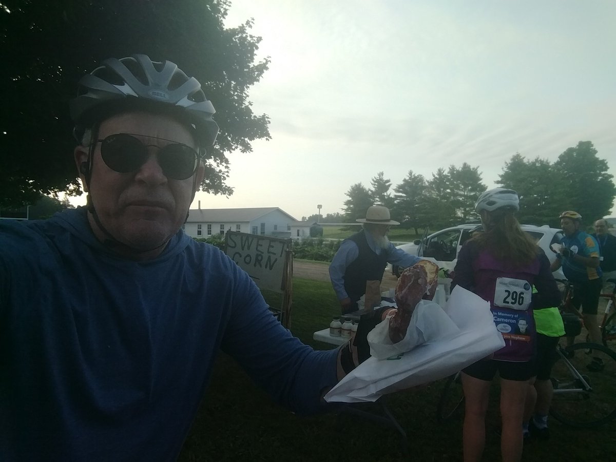 My ride:  flat, hot, some brutal elevations near the end but the best? A morning real Amish donut.