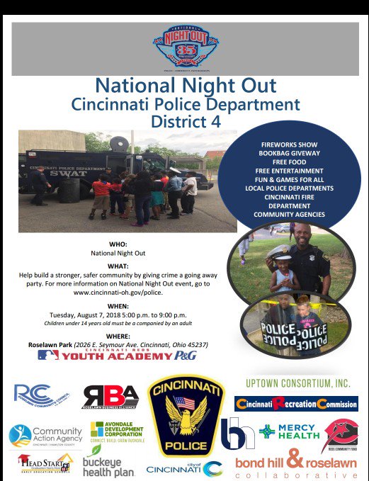 HartwellCPS's tweet photo. National Night Out hosted by CPD District 4.  Featuring backpack giveaway, free food, games and fireworks.  August 7th https://t.co/Ck7qqGwK6w
