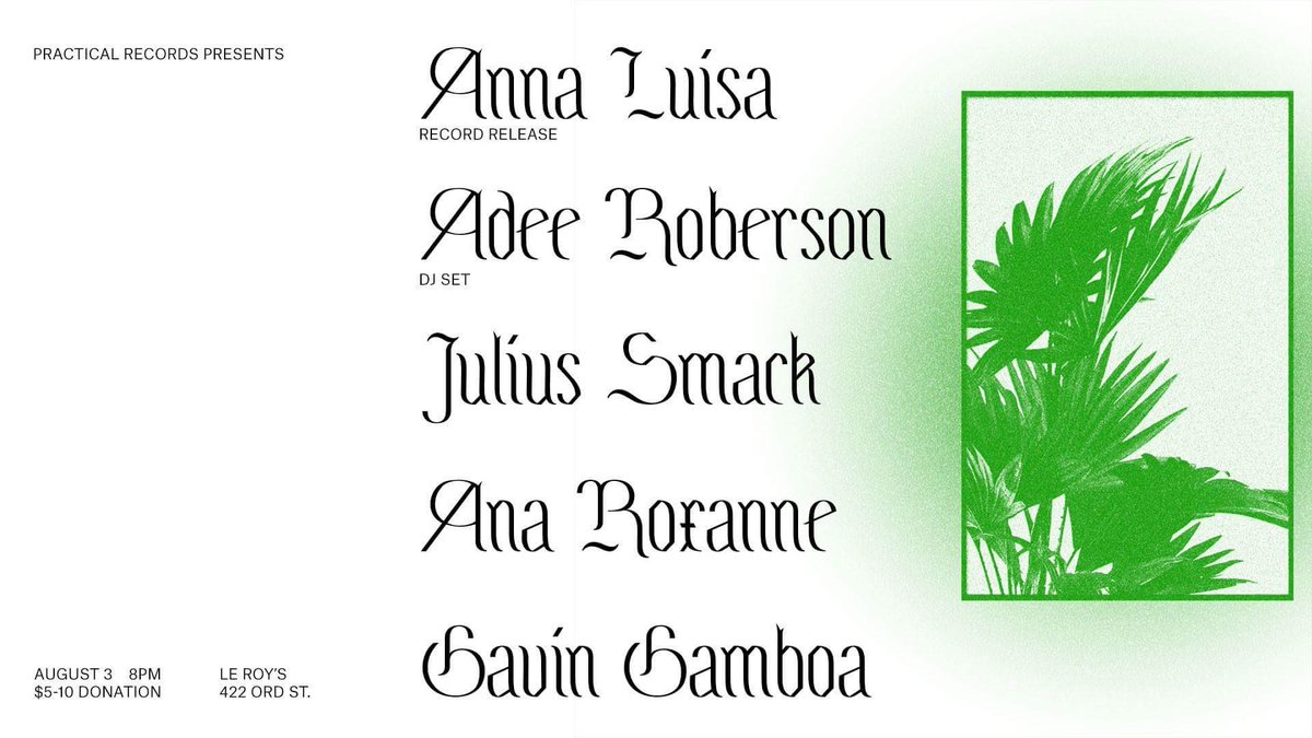gavcloud's tweet photo. I 🌴 am 🌴 excited 🌴 to 🌴 be 🌴playing 🌱 an 🌱 opening 🌱 set 🍃 for 🌵 @annaluisapet 🌿 record 🌳 release 🌴 for 🎋 GREEN August 3 at Le Roy's in Chinatown #PracticalRecords https://t.co/02iapVMQYd beam yourselves over and let's enjoy this beautiful record together https://t.co/qZH28593tL