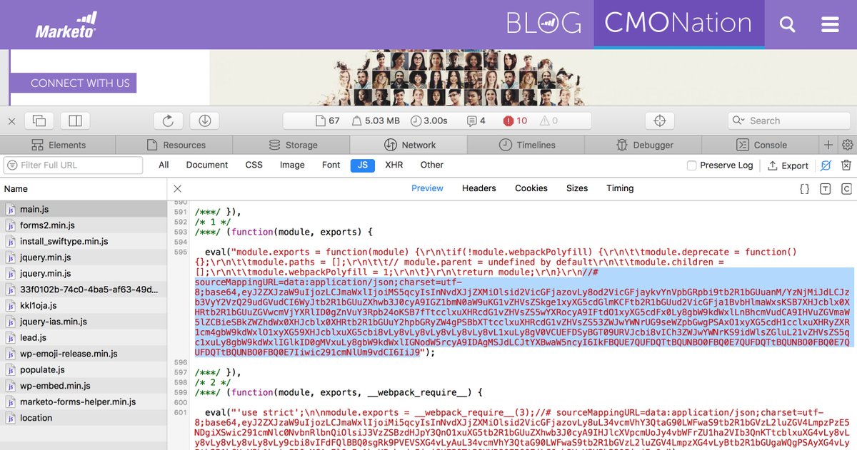 bundlebloat's tweet photo. sup @marketo your main bundle on https://t.co/JCHcZa2rYy is 2.8MB. You're using inline source maps in production — using external source maps will shave off 1.7MB alone. Notice all the base64 comments: https://t.co/NoW9I8R6QL google #webpack #devtools for more info https://t.co/DzBI6bRMRA