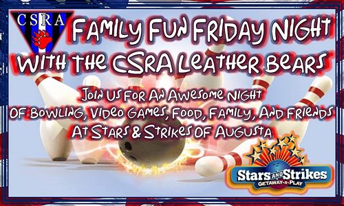 BearsCsra's tweet photo. Join the CSRA Leather Bears and extended family for a night of family fun and games at Stars &amp; Strikes Of Augusta. All are invited soo tell your friends and please RSVP to event so we can ensure there is enough reserved lane space.
https://t.co/1LWICnj8h2 https://t.co/k0ffMZSSxx