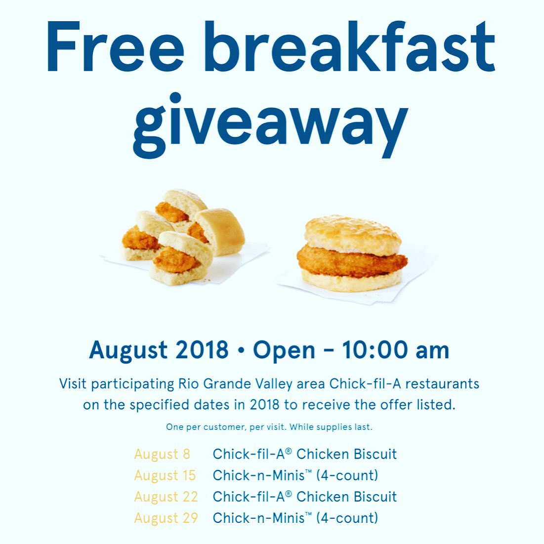 CFAPalmhurst's tweet photo. We are very excited to bring back Free Breakfast Giveaway for August! Looking forward to serving you on these Wednesdays! #CFAPalmhurst 

¡Estamos muy emocionados de traer de vuelta el desayuno gratis para agosto! ¡Esperamos poder servirle en estos miércoles! #CFAPalmhurst https://t.co/PXBWyscvcJ