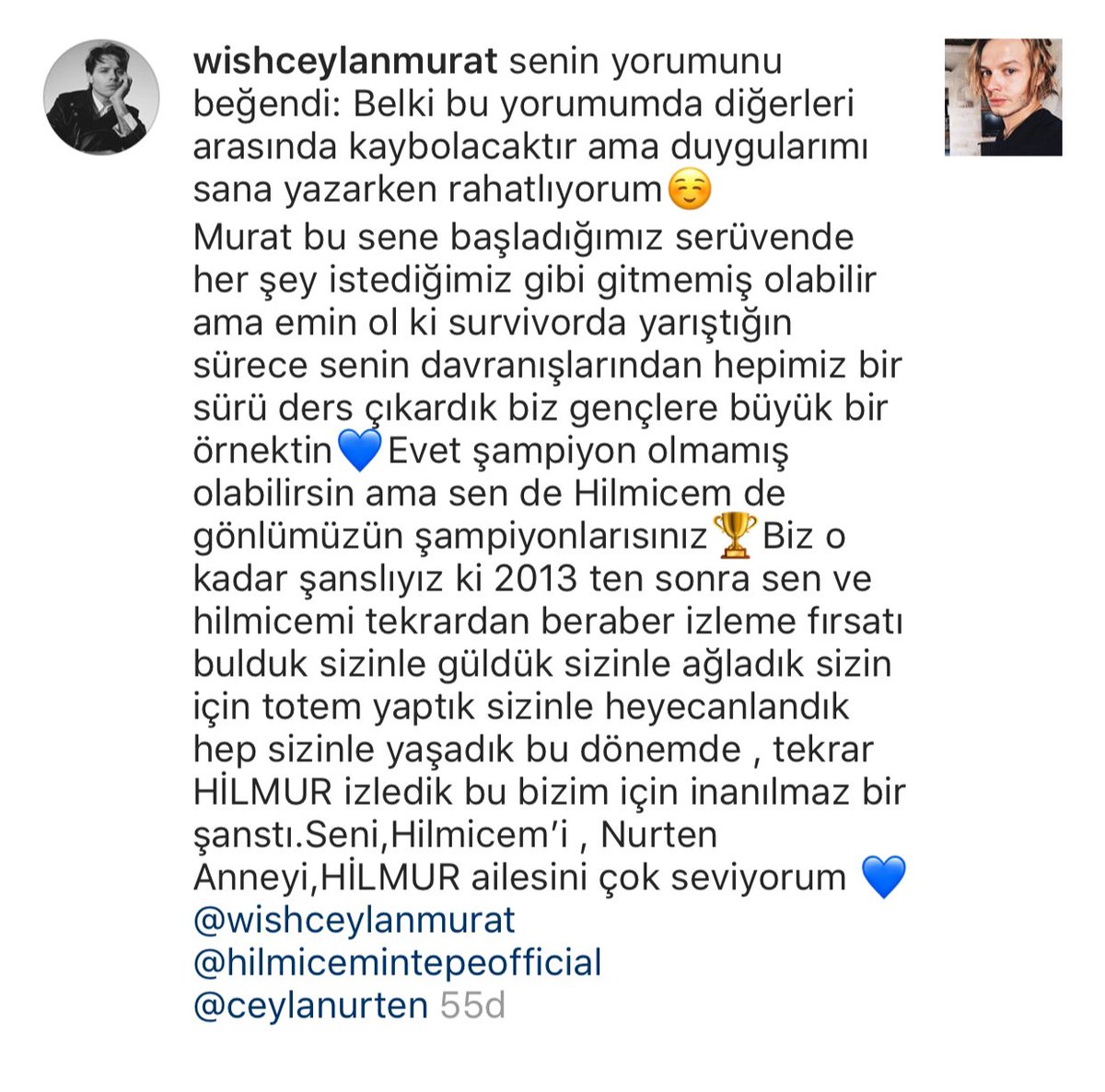 Murat HİLMUR lu yorumumu beğenmişti💙
Bu benim için en zirve olabilir 
En zirve
Tekrar HİLMUR izledik bu bizim için inanılmaz bir şanstı😍
Yaaa aşşırı yükseldim yine 😍💙
#hilmur <a href="/MuratCeylanWish/">MuratCeylanWish🍀</a>