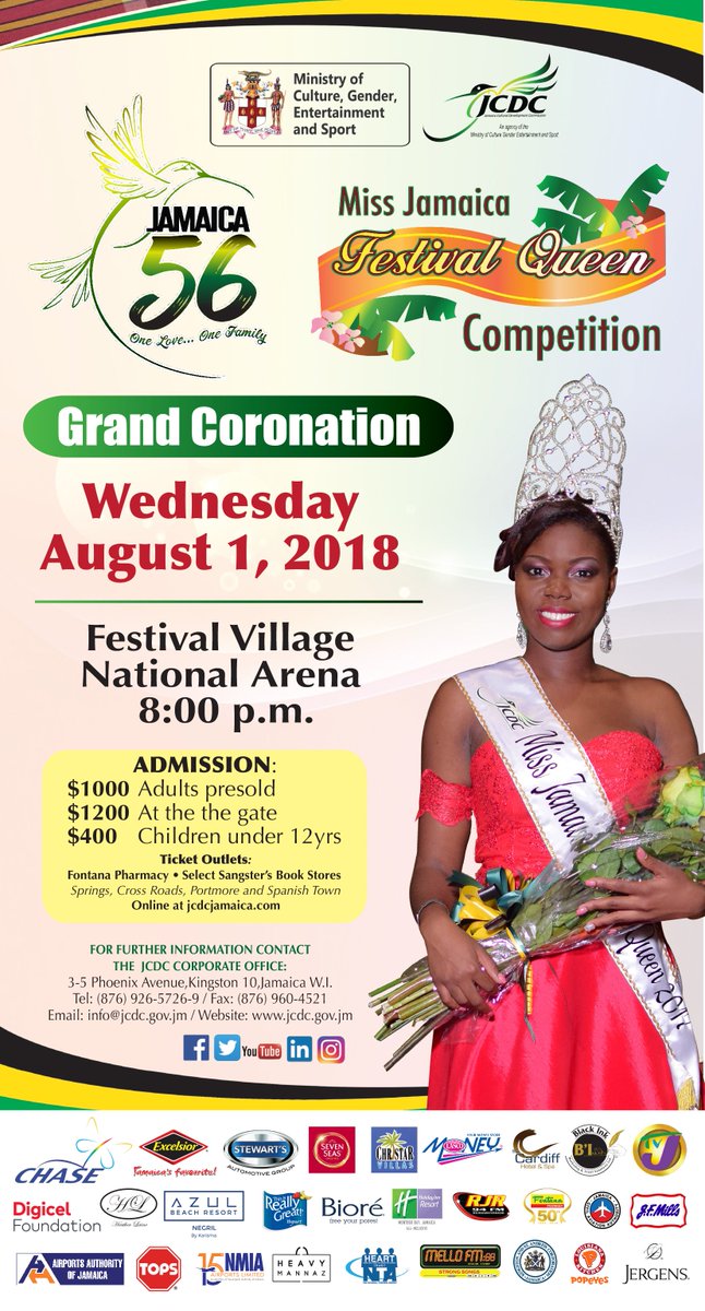 JCDCJamaica's tweet photo. 1 parish + 1 winner = National CROWN
Who will take the national crown to their parish?
Come and cheer on your favourite in the competition
Get your tickets early at 3-5 Phoenix Avenue, Fontana Pharmacy, Sangster's Bookstore and Online https://t.co/bqwyqq2FQ3 #jamaica56 #jcdc55 https://t.co/pnG9rx1diG