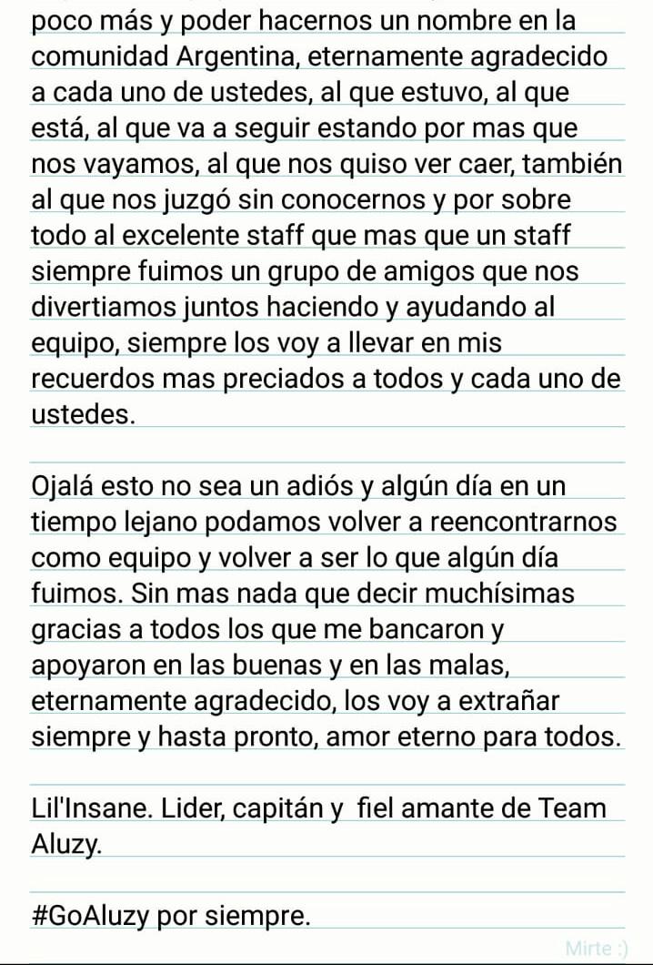 Todo lo bueno tiene su fin. ¡Muchisimas gracias Aluzy! Ojalá algún día nos volvamos a reencontrar.

#GoAluzy