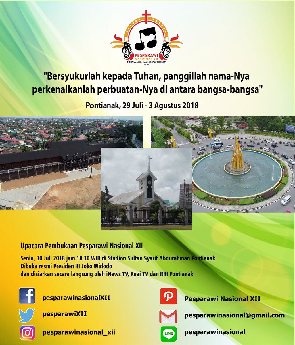 Saksikan karnaval Kontingen Pesparawi Nasional XII pada hari Minggu, 29 Juli 2018. Start dari Rumah Radakng jam 14.00 WIB menuju Taman Alun Kapuas, Pontianak, Kalimantan Barat.

#pesparawinasional2018 
#pesparawi 
#pesparawinasional12
#pesparawipontianak2018
