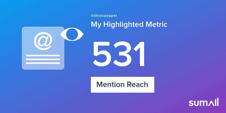 My week on Twitter 🎉: 1 Mention, 531 Mention Reach. See yours with sumall.com/performancetwe…