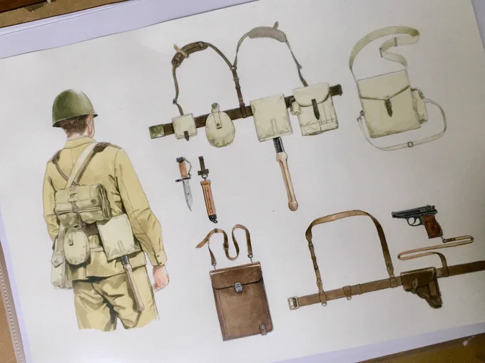 C94の新刊は過去に頒布したソ連軍制服本の総集編。陸海空軍の他今まで紹介出来ていなかった制服、国境軍や沿岸警備隊、儀仗兵。装備品の紹介など新たに水彩で描きおこしたイラストを追加し56ページにまとめた本になる予定。コミケ3日目8/12(日)は東 U 38b絢正舎ブースへ是非遊びに来てください! 