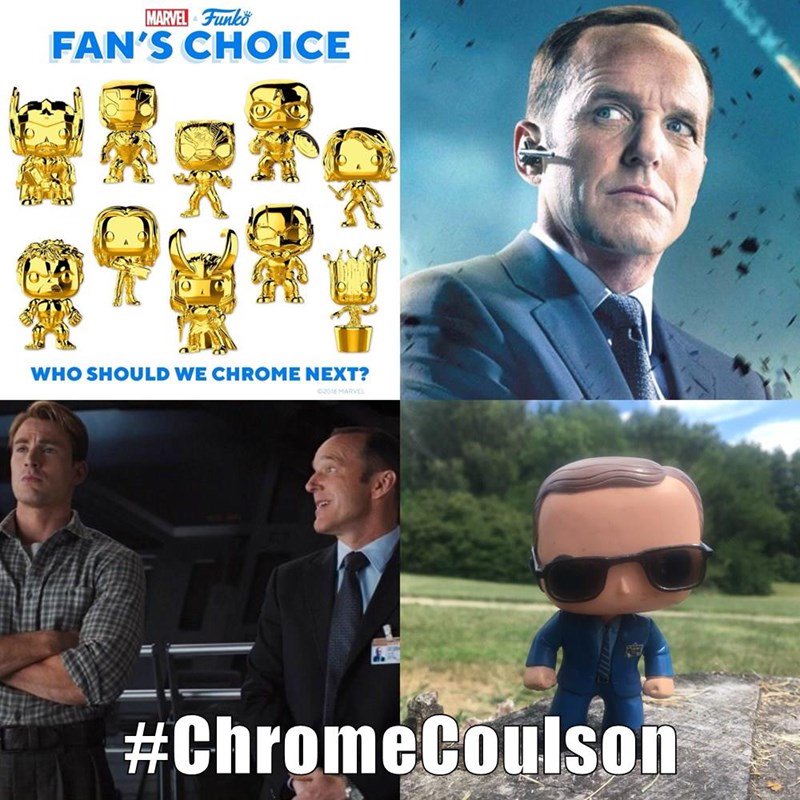 Please RT! Let's get Agent Coulson Gold Chromed for #FunkoMarvel10 Let's make #ChromeCoulson a trending topic! #CoulsonLives <a href="/funkofinderz/">Funko Finderz | Funko Pop! News & More!</a> <a href="/FunkoPopHunters/">Funko POP Hunters</a> <a href="/CoulsonLives/">Coulson Lives</a> <a href="/prattprattpratt/">Chris Pratt</a> <a href="/ChrisEvans/">★</a> <a href="/stsguys/">The STS Guys Podcast</a> <a href="/AmericaCoulson/">Miss America Coulson</a> <a href="/CoulsonDirector/">Phil Coulson</a>