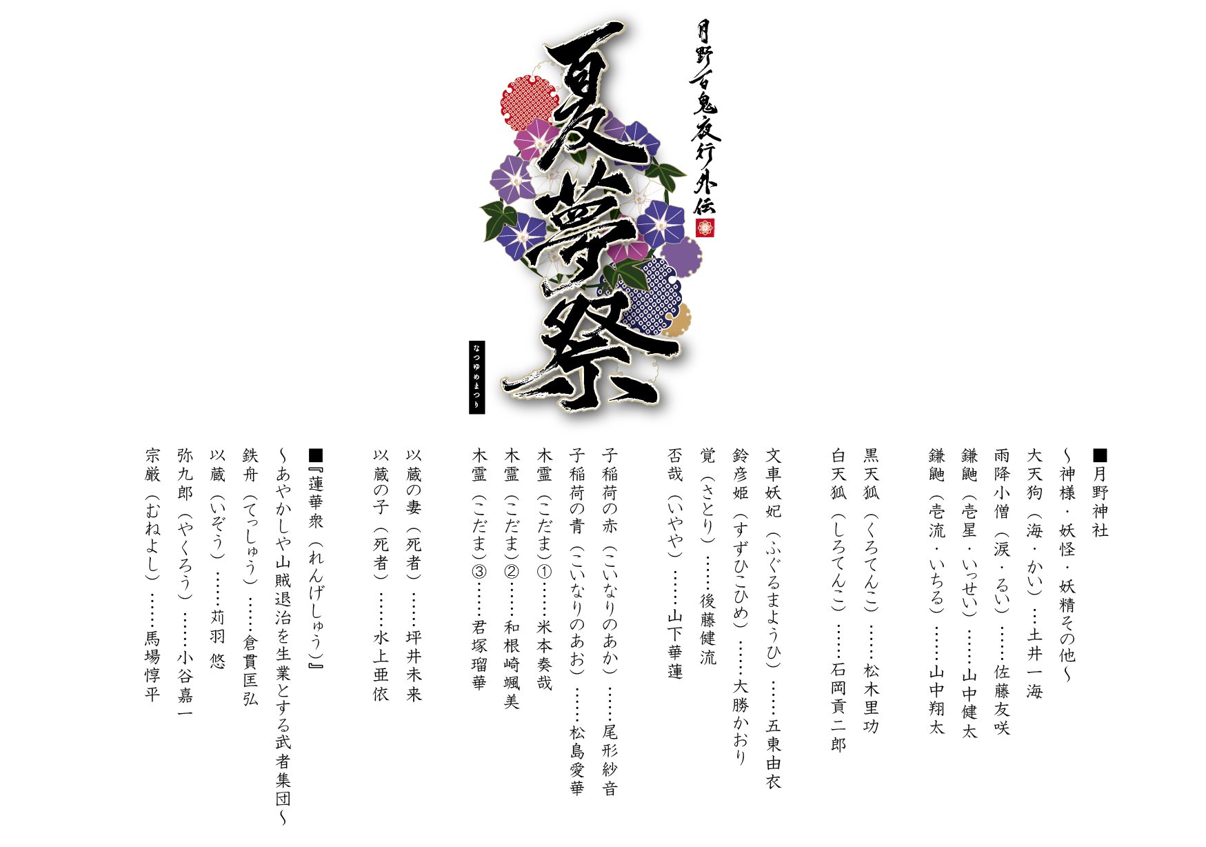 ツキノ芸能プロダクション ツキプロ 公式 ツキプロ文化祭舞台 夏夢祭 役名 出演者一覧 大きく分けて 月野神社関係者 蓮華衆 れんげしゅう そして麓の村 久木村 ひさぎむら となります ファンレター等は会場備え付けのｂｏｘに入れて頂く